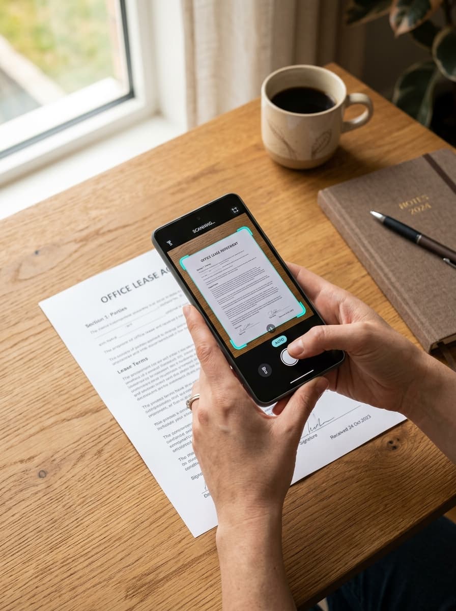 Person scanning physical lease agreement document with phone camera